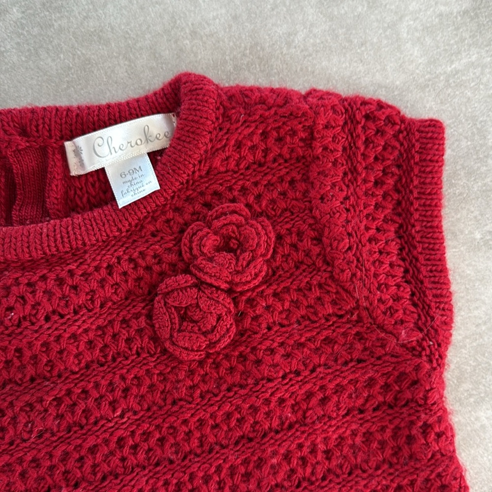 *Gently Worn* Cherokee Dk.Red Crocheted Dress w/ Flower Embellishments - 6-9M